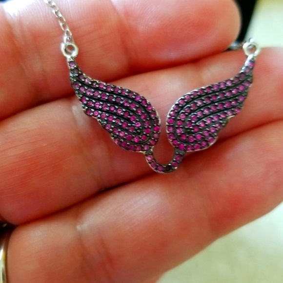 Sterling silver & dark pink stones create a lovely Angel Wings necklace! - Picture 2 of 5